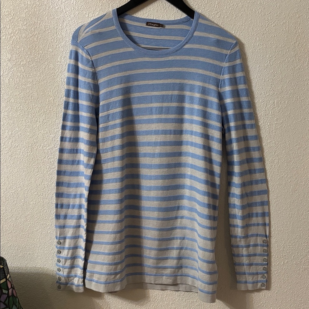 J. McLaughlin Blue and Gray Striped Crew Neck Sweater Large